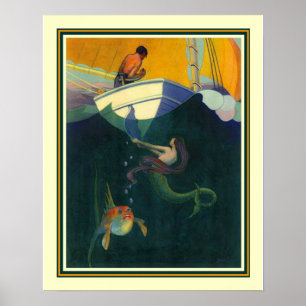 Zeemeermin en de Zeilboot 1920 afdrukken 16x20 Poster