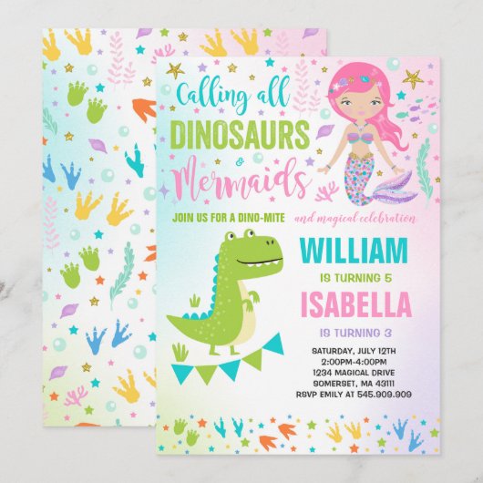 Zeemeermin en Dinosaurus Verjaardag Uitnodiging Ma (Voorkant / Achterkant)