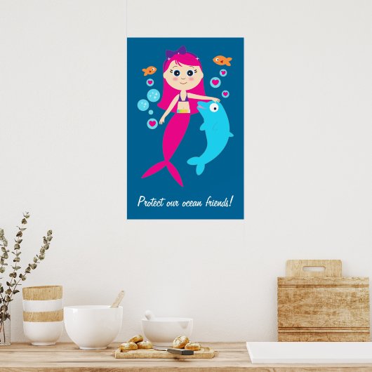 Zeemeermin en dolfijn: bescherm onze vrienden in d poster (Keuken)