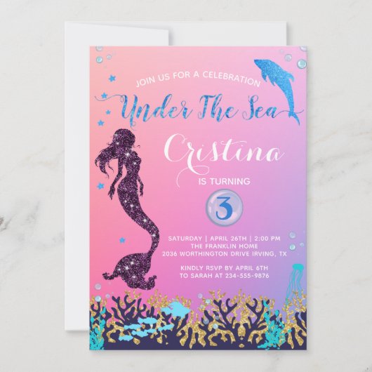 Zeemeermin en dolfijn onder het Zee Birthday Party Kaart (Voorkant)