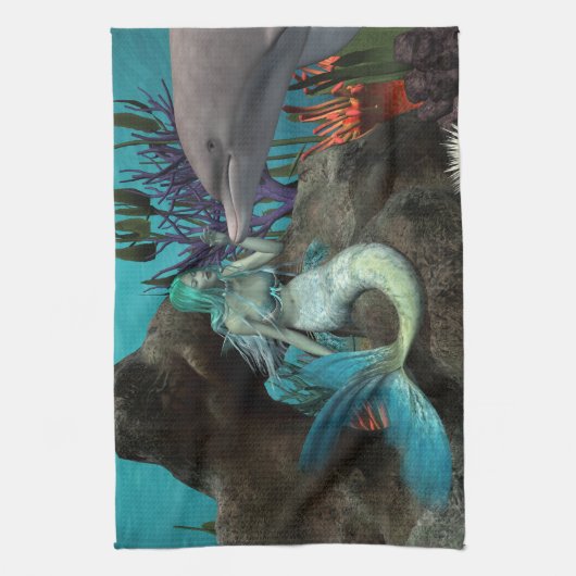 Zeemeermin en Dolfijn Onder het Zee Theedoek (Verticaal)