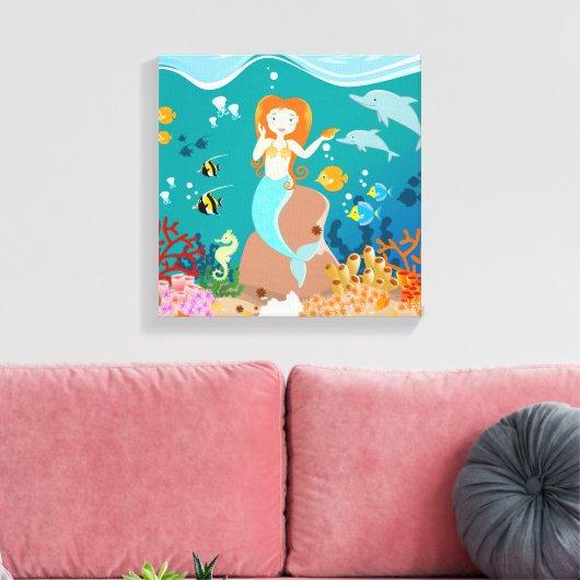 Zeemeermin en dolfijnen tijdens het verjaardagsfee canvas afdruk (Insitu (Woonkamer))
