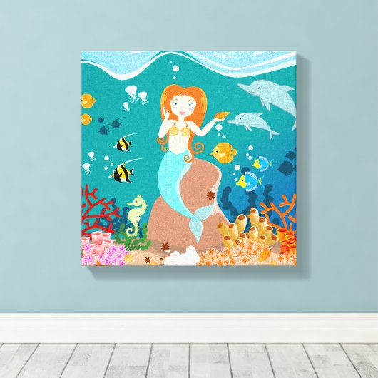 Zeemeermin en dolfijnen tijdens het verjaardagsfee canvas afdruk (Insitu (Houten vloer))
