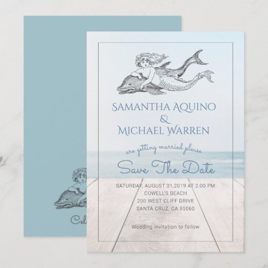 Zeemeermin en Dolphin Beach Lake Wedding Save The Date (Voorkant / Achterkant)