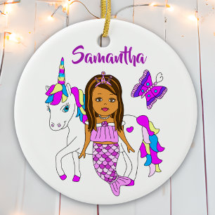 Zeemeermin en Eenhoorn Gepersonaliseerde Kerstmis Keramisch Ornament