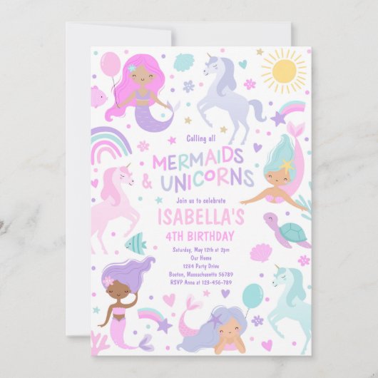 Zeemeermin en eenhoorn magische verjaardagsfeestje kaart (Voorkant)