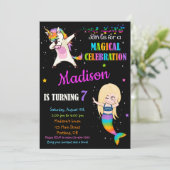 Zeemeermin en Eenhoorn verjaardagsuitnodiging dabb Kaart (Staand voorkant)