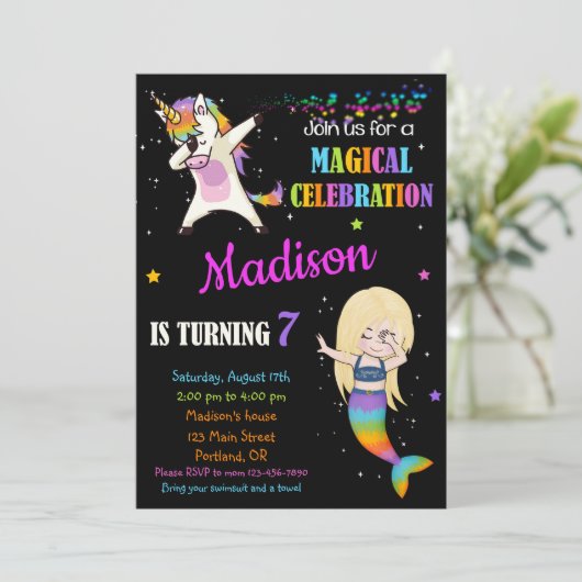 Zeemeermin en Eenhoorn verjaardagsuitnodiging dabb Kaart (Staand voorkant)