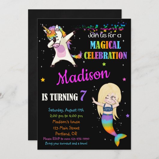 Zeemeermin en Eenhoorn verjaardagsuitnodiging dabb Kaart (Voorkant / Achterkant)