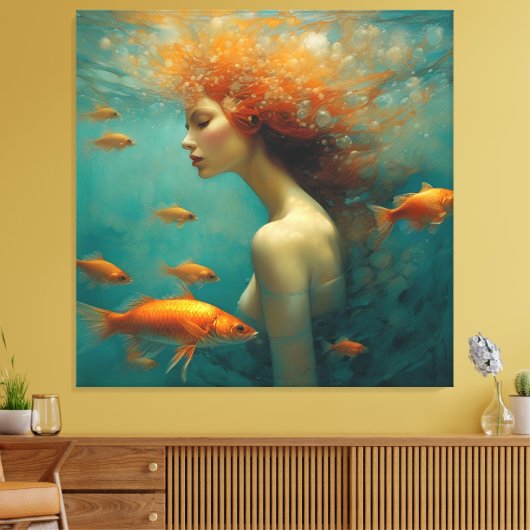 Zeemeermin en goudvis canvas afdruk (Insitu (Woonkamer))