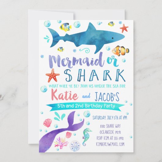 Zeemeermin en haai uitnodiging Verjaardagsfeest Ze (Voorkant)