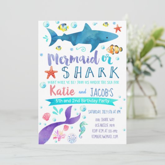 Zeemeermin en haai uitnodiging Verjaardagsfeest Ze (Staand voorkant)