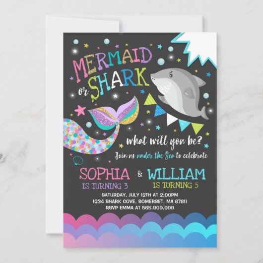 Zeemeermin en haai verjaardag uitnodiging zwembad  (Voorkant)