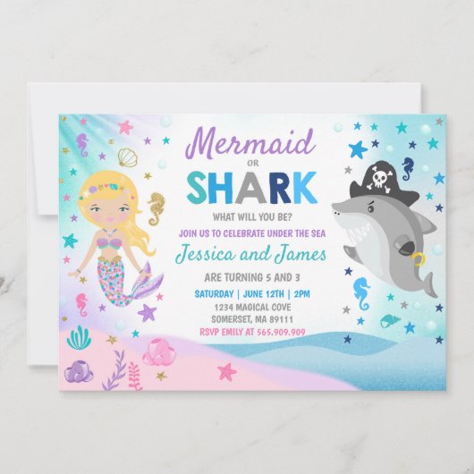 Zeemeermin en haai verjaardag uitnodiging zwembad (Voorkant)