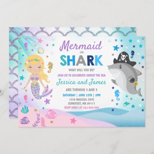 Zeemeermin en haai verjaardag uitnodiging zwembad (Voorkant / Achterkant)