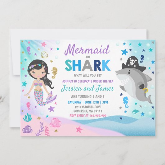 Zeemeermin en haai verjaardag uitnodiging zwembad  (Voorkant)