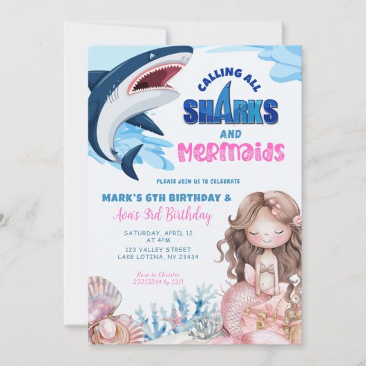 Zeemeermin en haaien Zomer Gezamenlijke verjaardag Kaart (Voorkant)