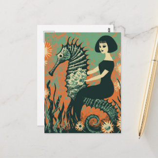 Zeemeermin en haar zeepaardje Retro Briefkaart