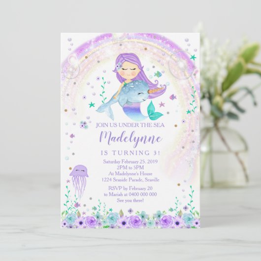 Zeemeermin en Narwal Verjaardagsuitnodiging Kaart (Staand voorkant)