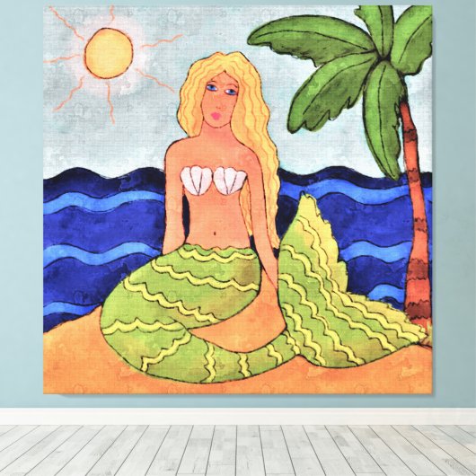 Zeemeermin en palmboom Abstract digitaal schildere Canvas Afdruk (Insitu (Houten vloer))