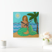 Zeemeermin en palmboom Abstracte het Schilderen Vi Vierkante Klok (Huis)