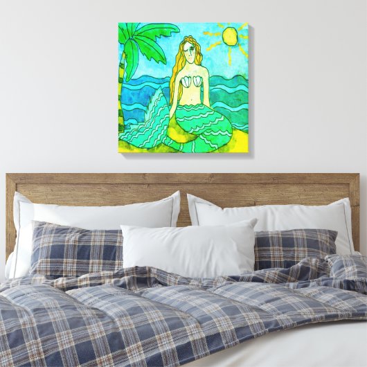 Zeemeermin en palmboom canvas afdruk (Insitu (Slaapkamer))