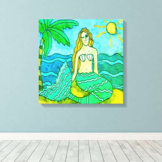 Zeemeermin en palmboom canvas afdruk (Insitu (Houten vloer))