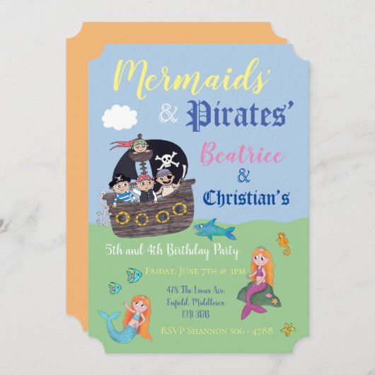 Zeemeermin en piraat feest uitnodigingen (Voorkant / Achterkant)