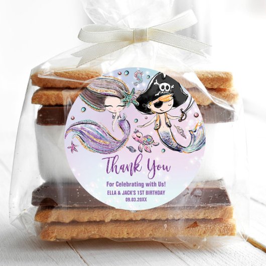 Zeemeermin en Piraat Onder het Zee Verjaardagsguns Ronde Sticker