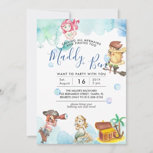 Zeemeermin en piraat | uitnodiging voor gezamenlij (Voorkant)
