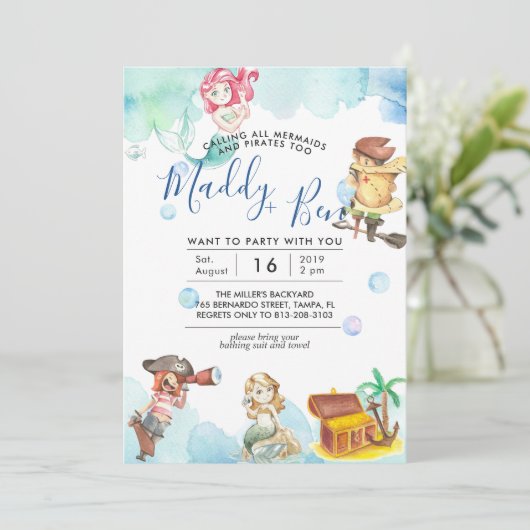 Zeemeermin en piraat | uitnodiging voor gezamenlij (Staand voorkant)