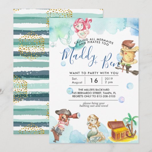 Zeemeermin en piraat | uitnodiging voor gezamenlij (Voorkant / Achterkant)