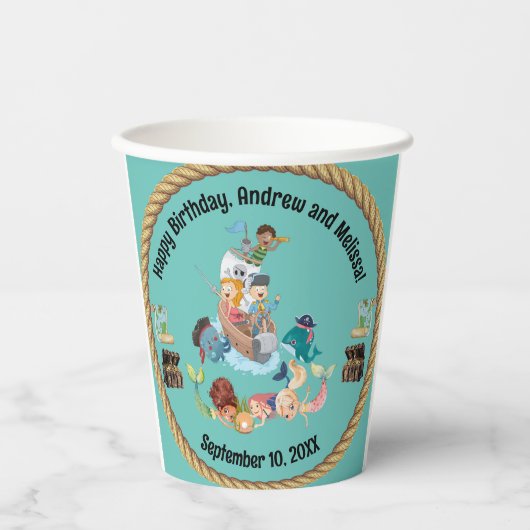 Zeemeermin en Piraat Verjaardag Papieren Bekers (Voorkant)