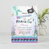 Zeemeermin en Piraat verjaardagsuitnodiging Paarse Kaart (Staand voorkant)