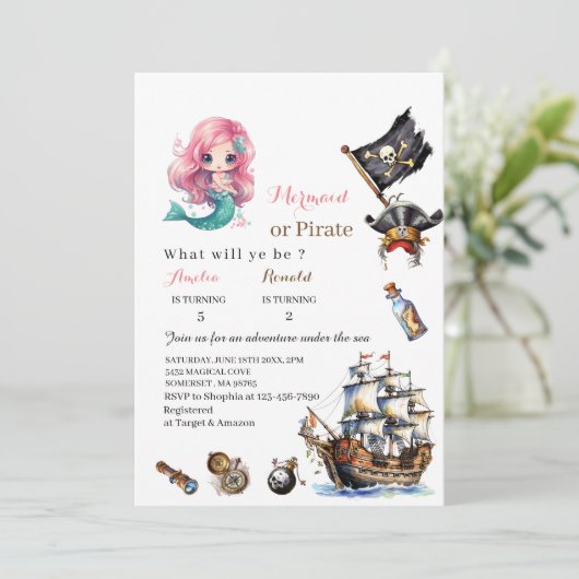 Zeemeermin en Piraat watercolorbirthday paInvitati Kaart (Staand voorkant)