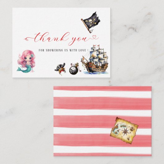 Zeemeermin en piraat waterverf verjaardagsfeest be notitiekaartje (Voorkant / Achterkant)