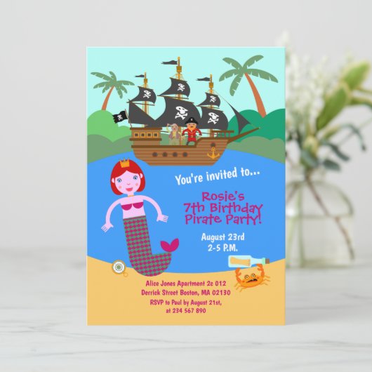 Zeemeermin en piraterij Birthday Party Kaart (Staand voorkant)
