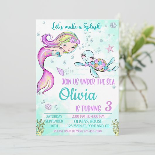 Zeemeermin en schildpad verjaardagsuitnodiging Ond Kaart (Staand voorkant)