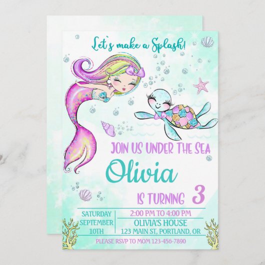 Zeemeermin en schildpad verjaardagsuitnodiging Ond Kaart (Voorkant / Achterkant)