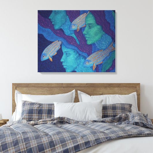 Zeemeermin en vis, surrealistische fantasiekunst,  canvas afdruk (Insitu (Slaapkamer))