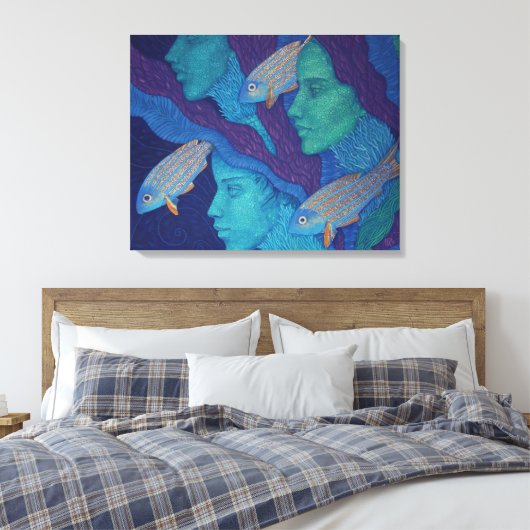 Zeemeermin en vis, surrealistische fantasiekunst, canvas afdruk (Insitu (Slaapkamer))