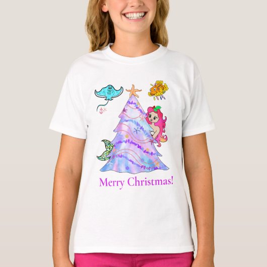Zeemeermin en vrienden die kerstboom decorteren t-shirt (Voorkant)