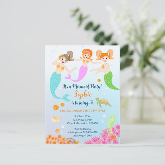 Zeemeermin en vrienden girly Verjaardagsfeest Uitnodiging Briefkaart (Staand voorkant)