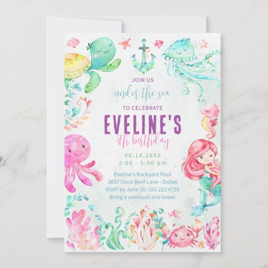 Zeemeermin en vrienden in het kader van de uitnodi kaart (Voorkant)