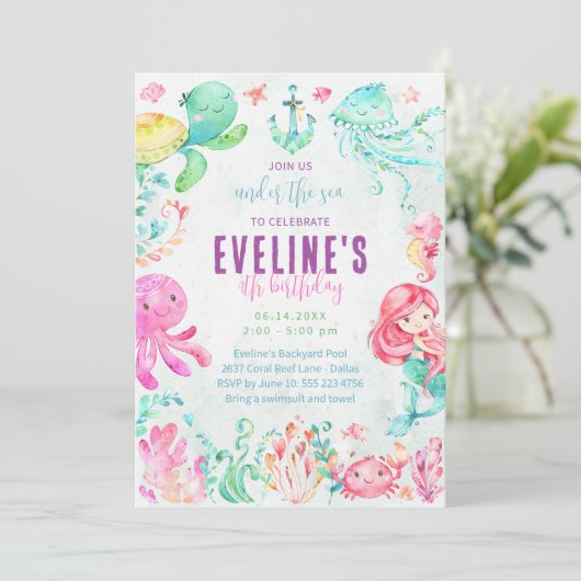 Zeemeermin en vrienden in het kader van de uitnodi kaart (Staand voorkant)