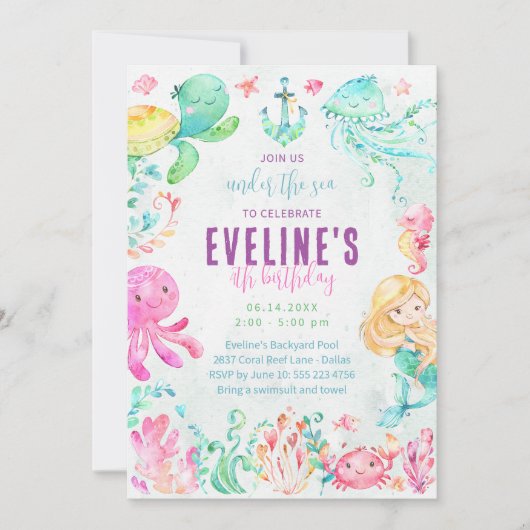 Zeemeermin en vrienden onder de zee uitnodiging (Voorkant)
