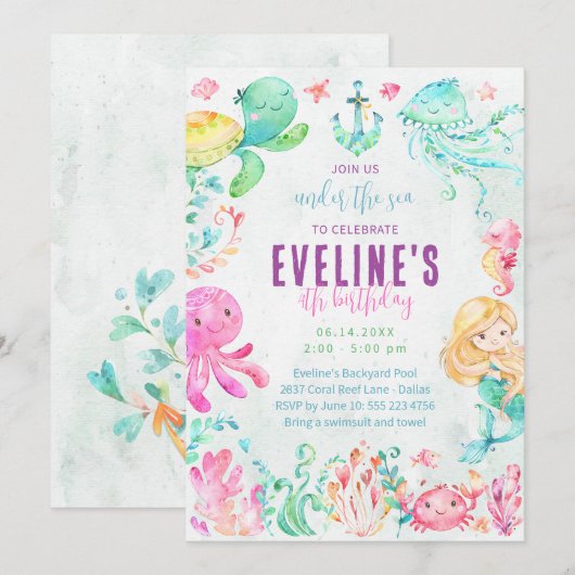 Zeemeermin en vrienden onder de zee uitnodiging (Voorkant / Achterkant)