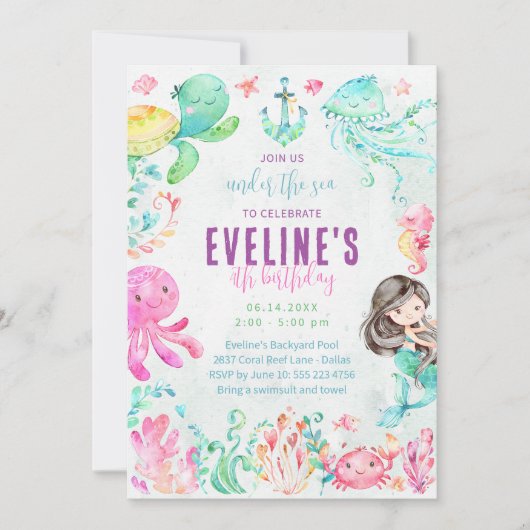 Zeemeermin en vrienden onderwater uitnodiging (Voorkant)