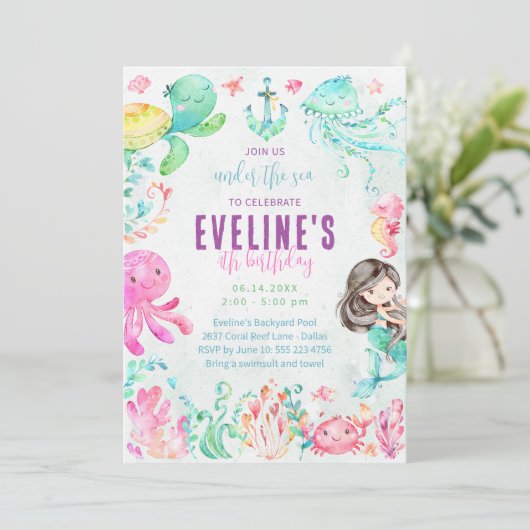 Zeemeermin en vrienden onderwater uitnodiging (Staand voorkant)