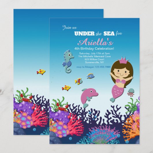 Zeemeermin en Vrienden Uitnodiging (Voorkant / Achterkant)